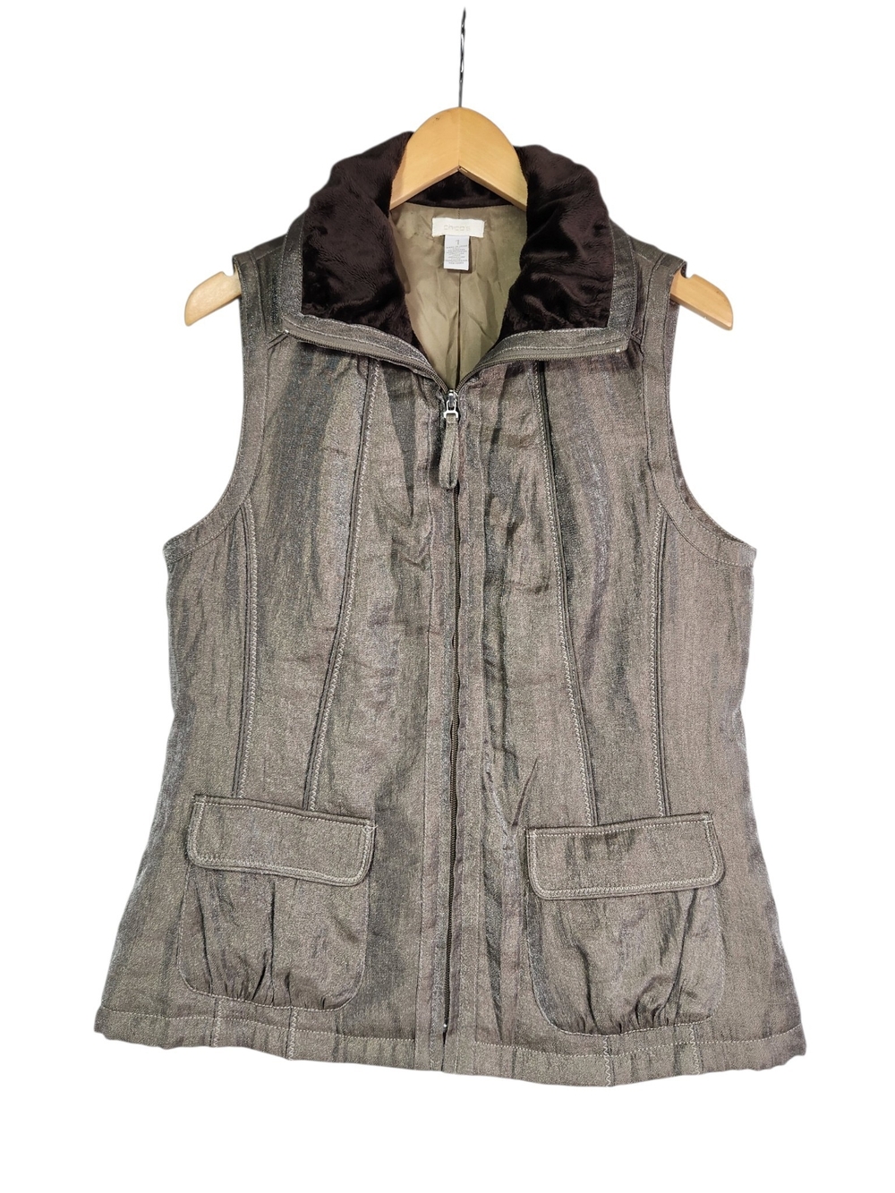 Chico’s Size 1 Med Metallic Bronze Utility Vest Faux Fur Collar Full Zip Pockets